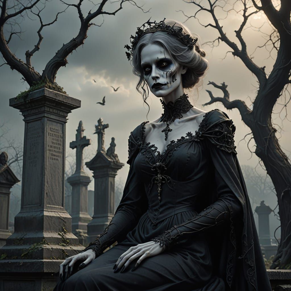 Ethereal Gothic Figure Adorns a Weathered Gravestone
