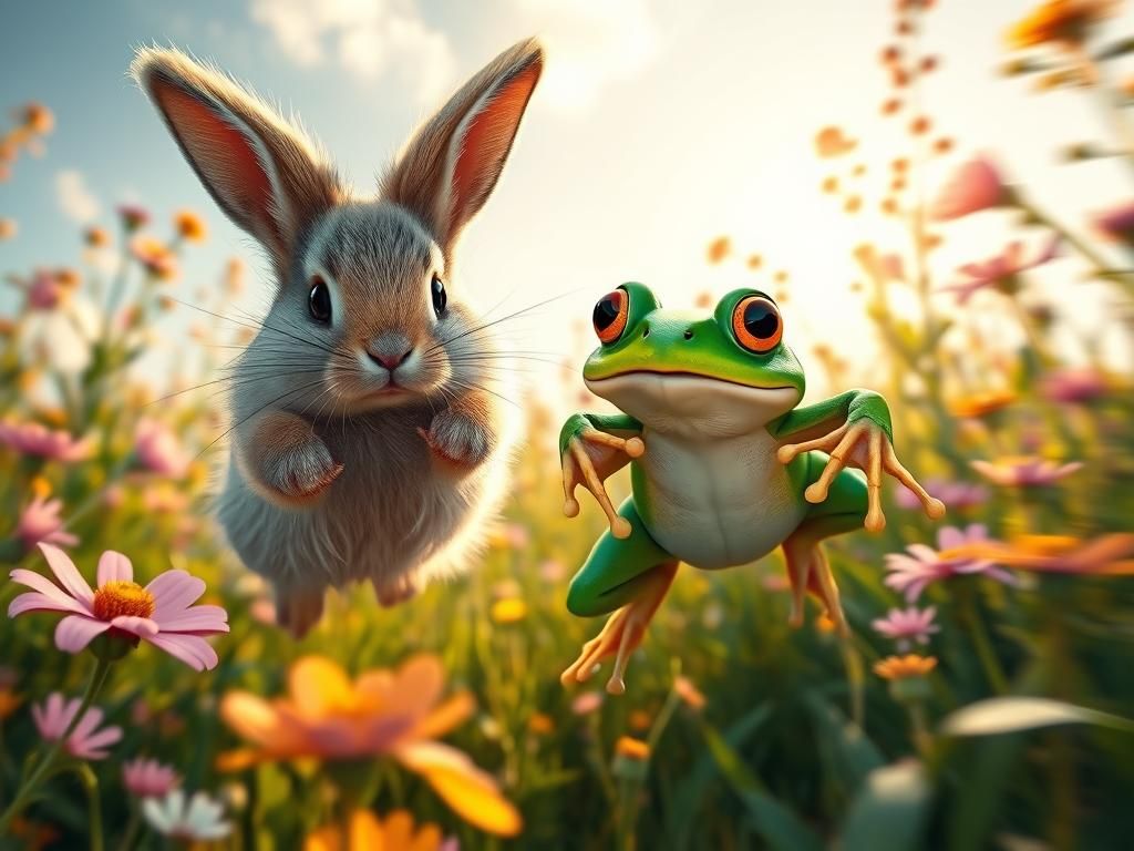 Rabbit and Frog Leap in Wildflower Meadow