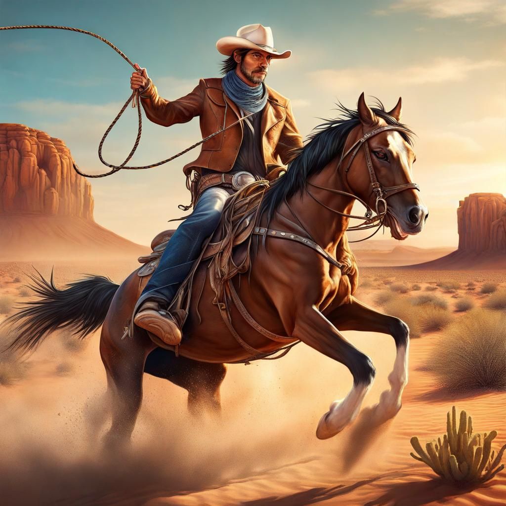 Dog Cowboy Rides Horse in Hyperrealistic Desert Art