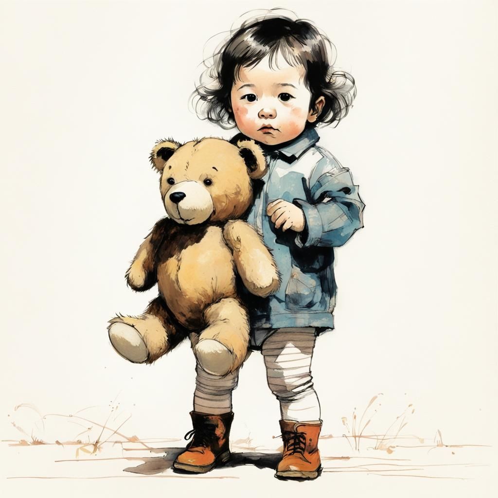 Toddler with Teddy Bear in Mixed Illustration Style