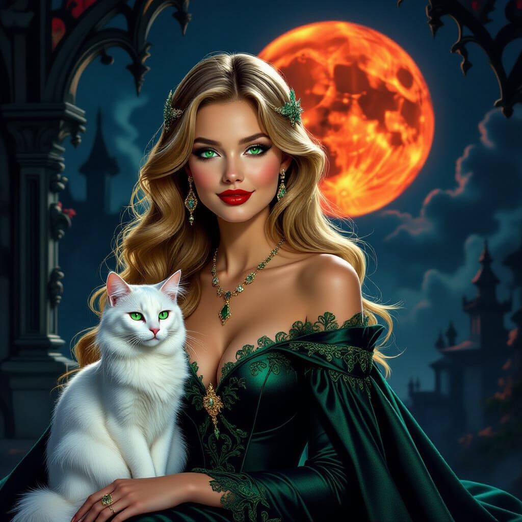 Mystical Woman and Cat Under Blood Moon