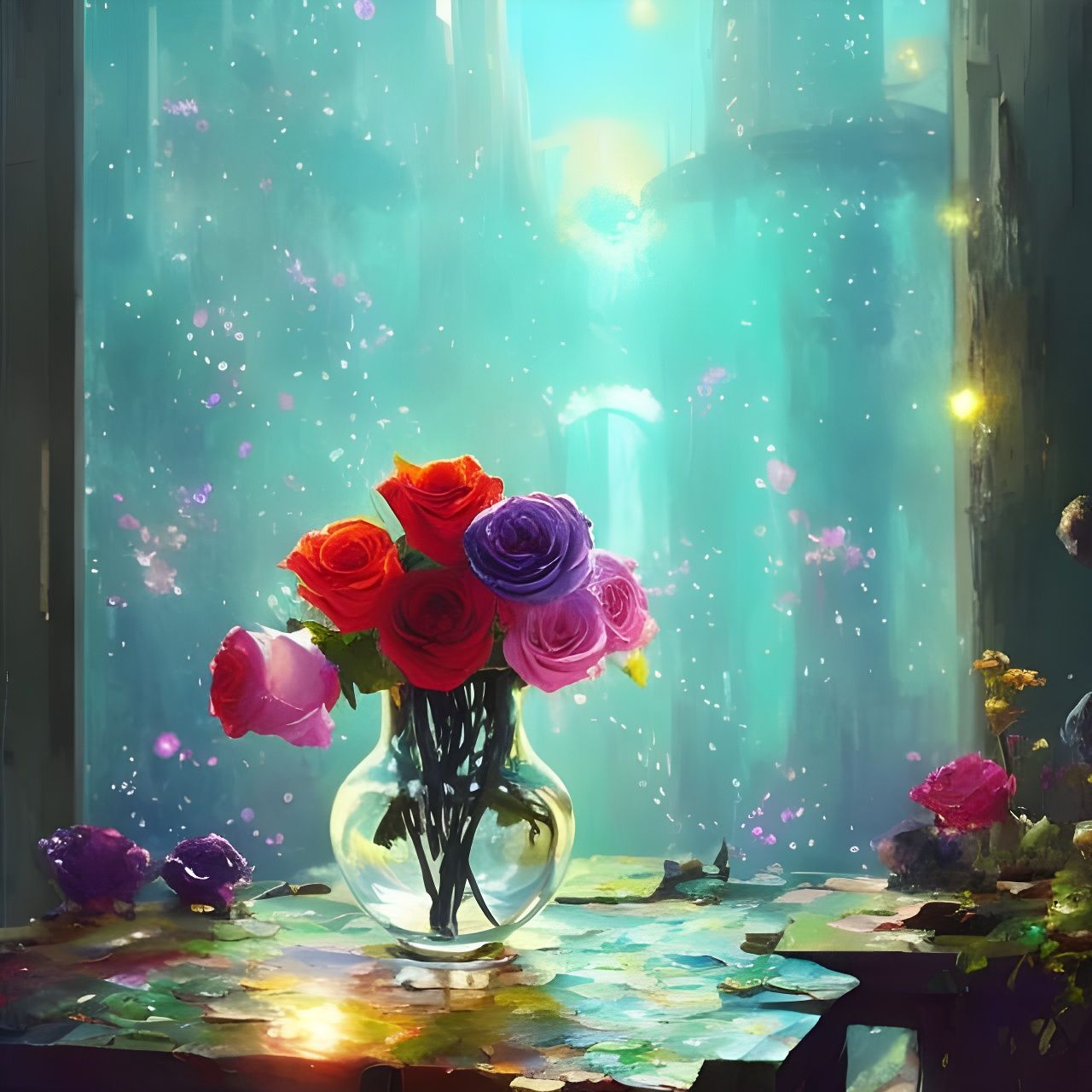 Floral Still Life with Roses in Ghibli Style
