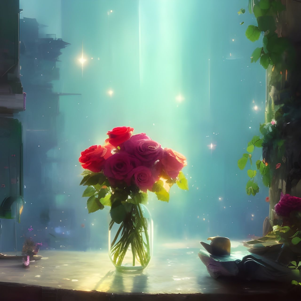 Floral Still Life with Roses in Digital Art Style