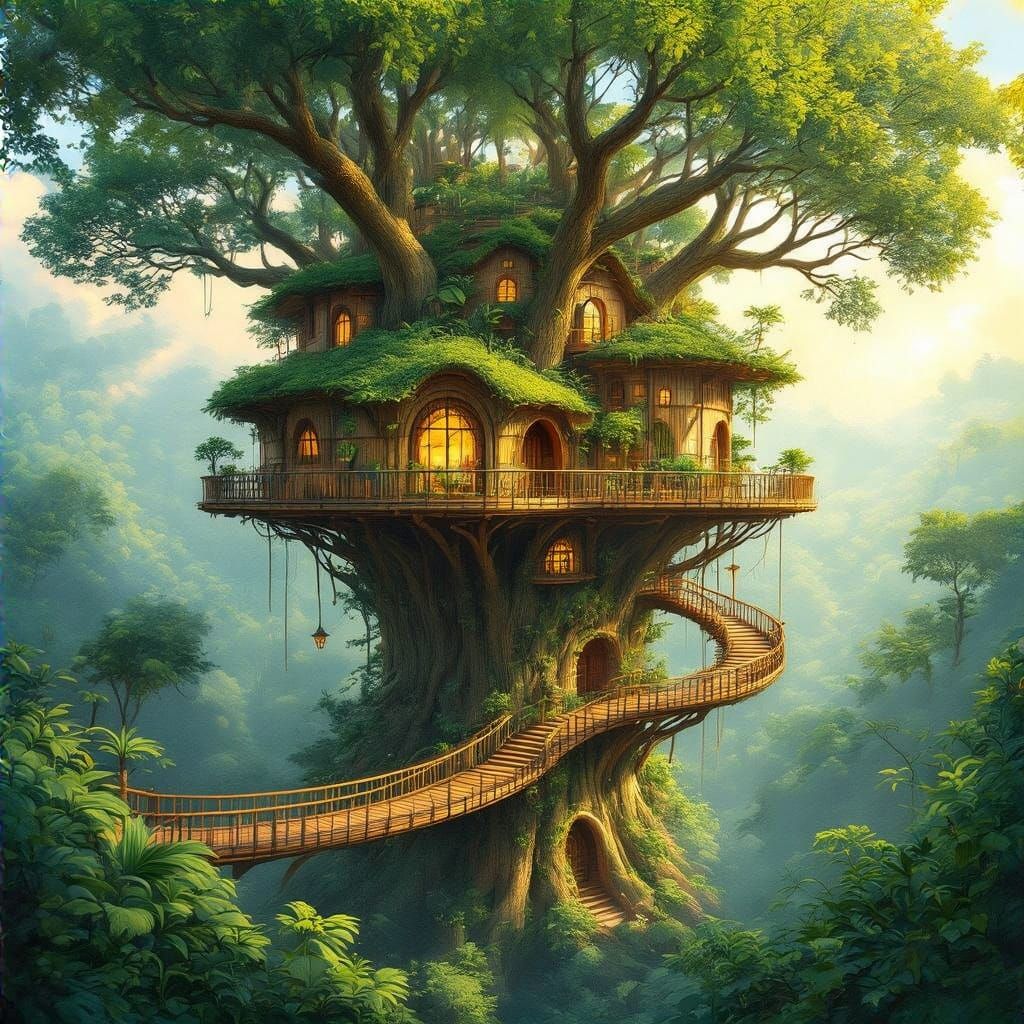Whimsical Eco-Friendly Treehouse Metropolis in Vibrant Fores...