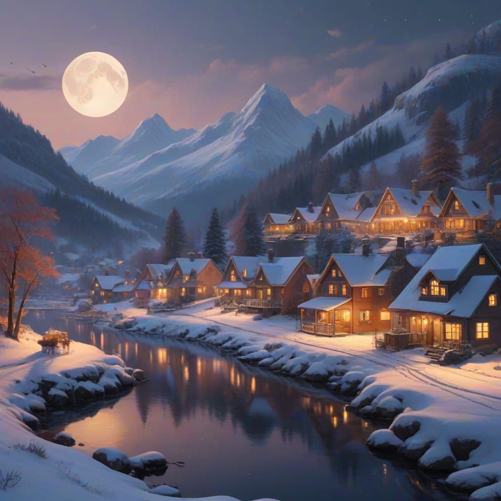 Cozy Christmas Village Under Starry Night Sky