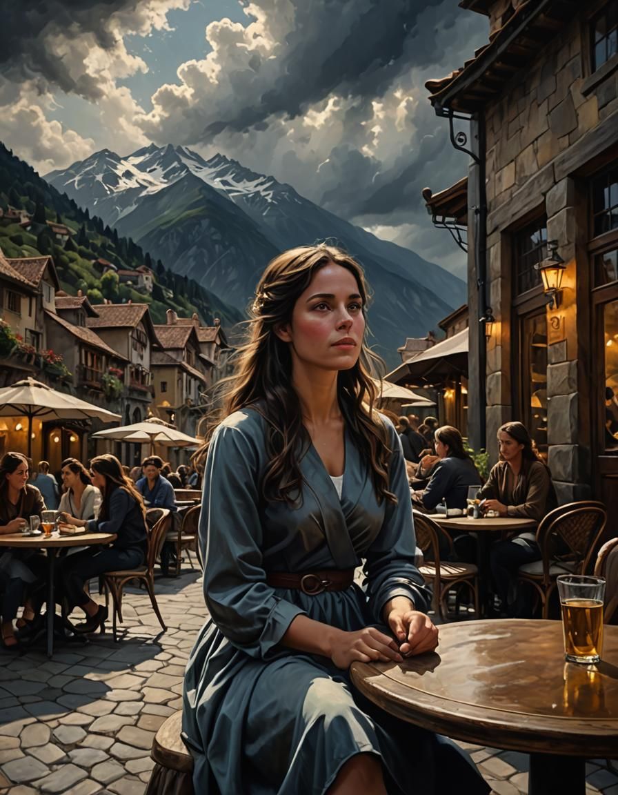 Renaissance Cafe Scene with Woman in Chiaroscuro