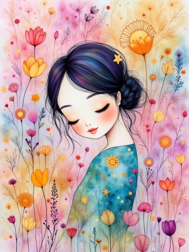 Cute Dainty Female in Vivid Alcohol Ink Style