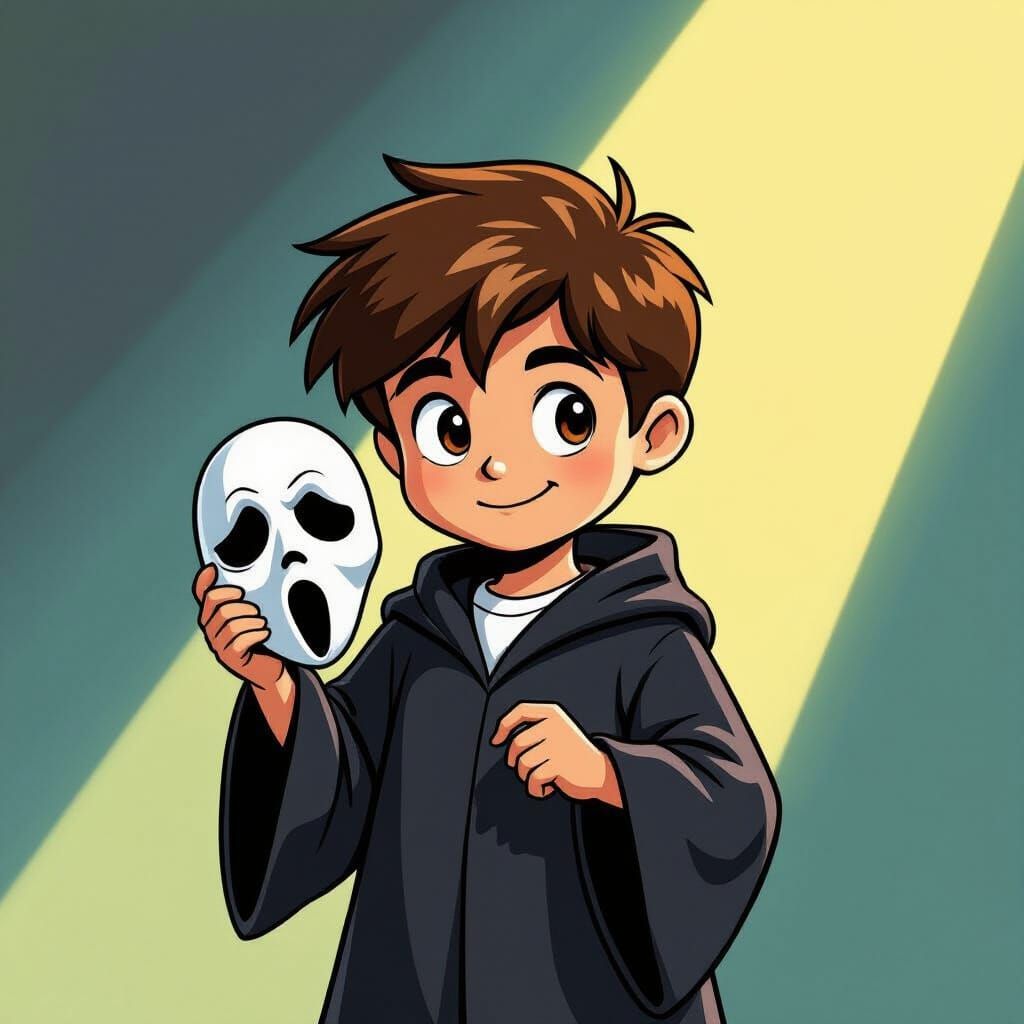 Boy in Ghostface Robe Holding Mask Cartoon Style
