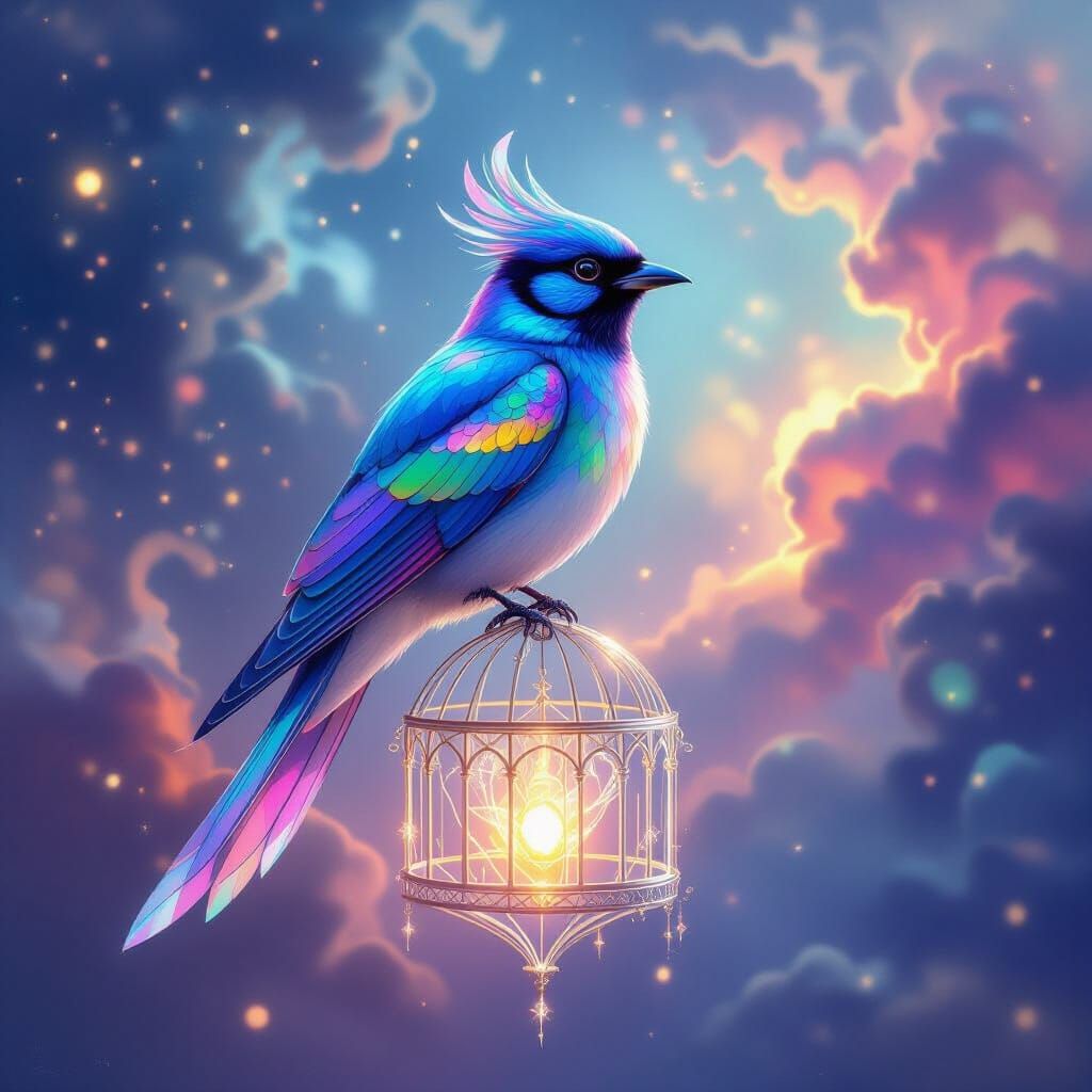 Majestic Bird with Stained Glass Feathers on Light Cage
