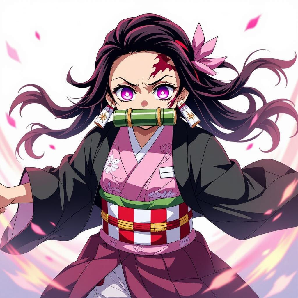 Nezuko Kamado in Dynamic Anime Style with Glowing Eyes