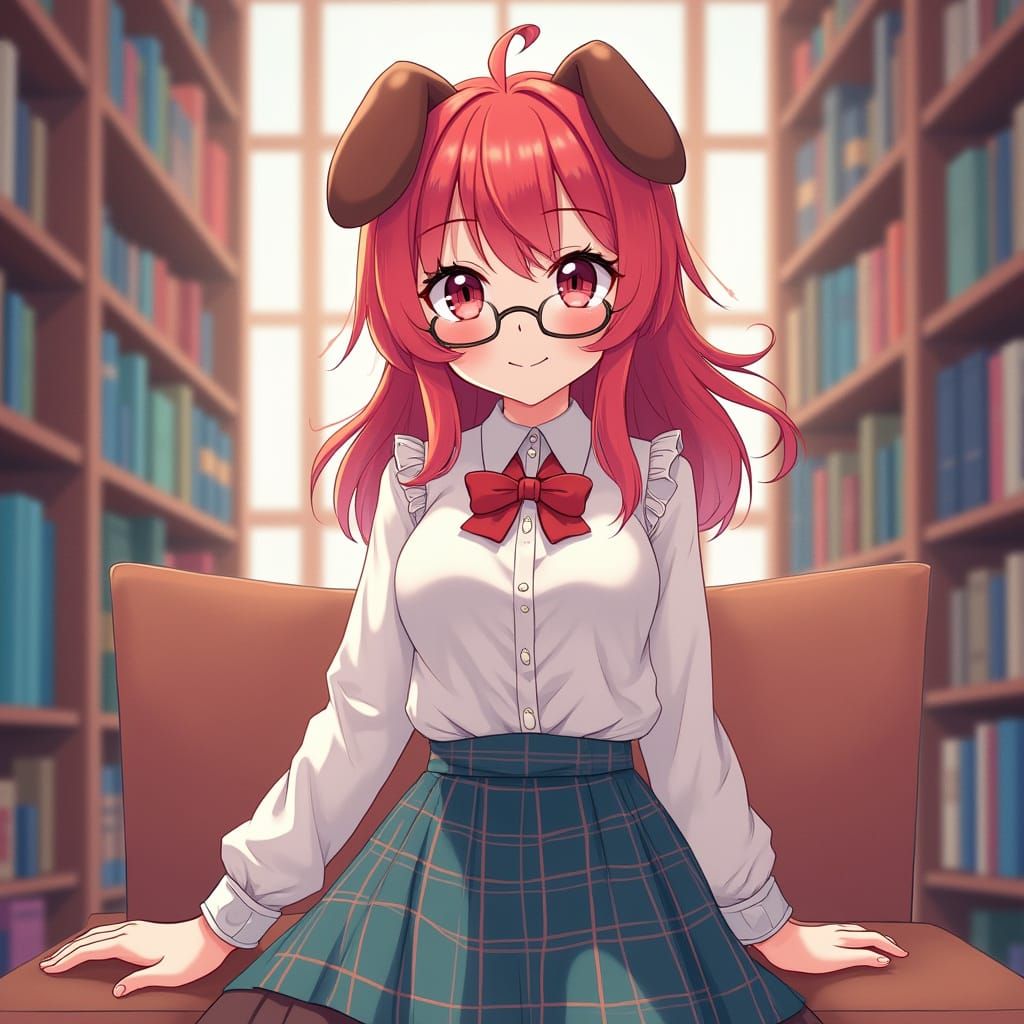 Cute Anime Librarian Girl with Dog Ears in Whimsical Library...