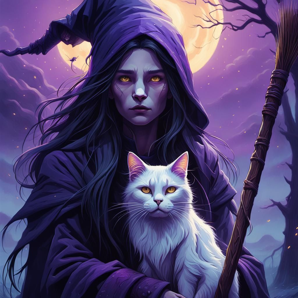 Mystical Witch Rides Purple Broom Under Darkened Skies