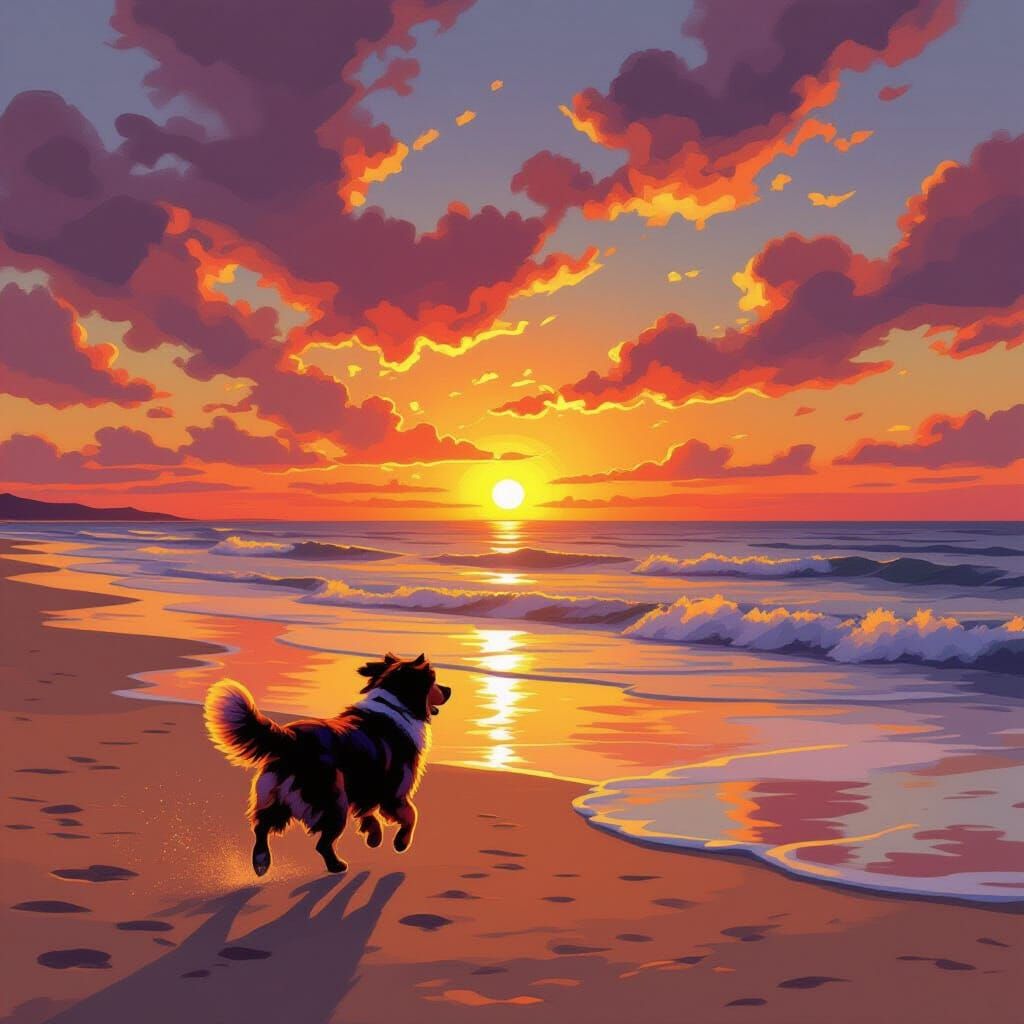 Dog Runs on Beach at Sunset in Impressionist Style