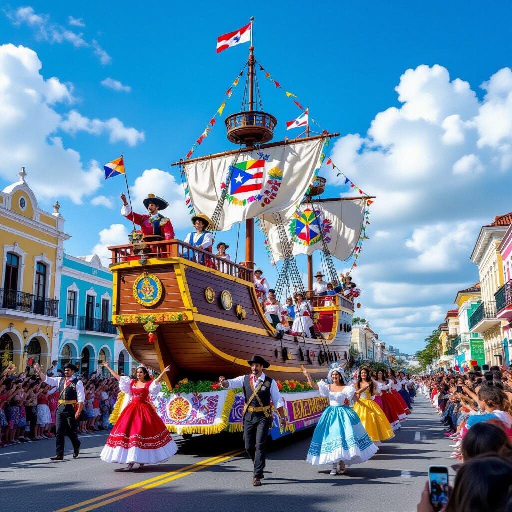 Christopher Columbus Caravel Parade Float with Historical Da...