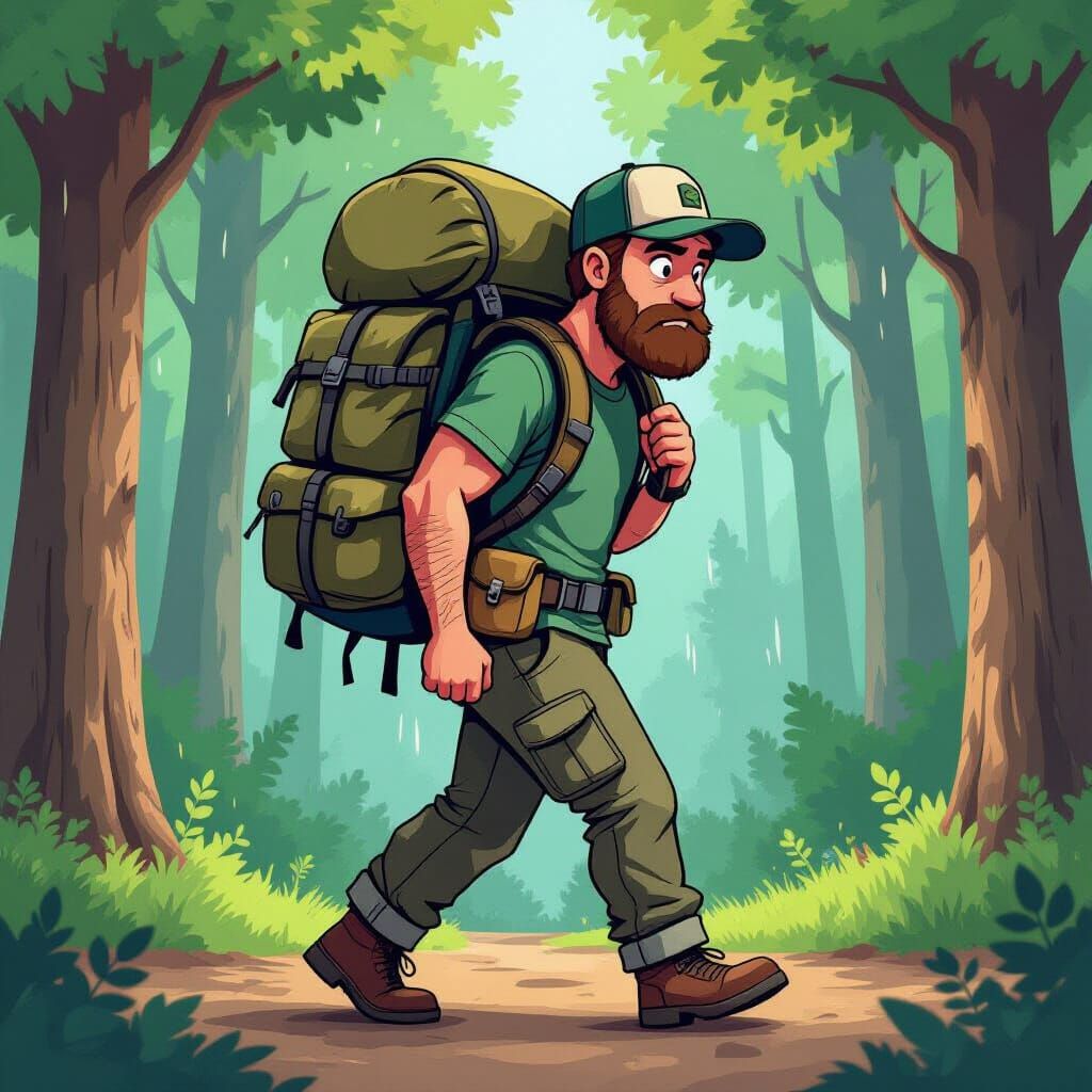 Cartoon Hiker with Oversized Backpack