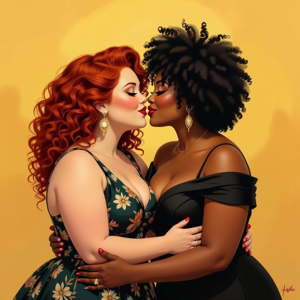 Two Women Embrace in a Vibrant, Expressive Style