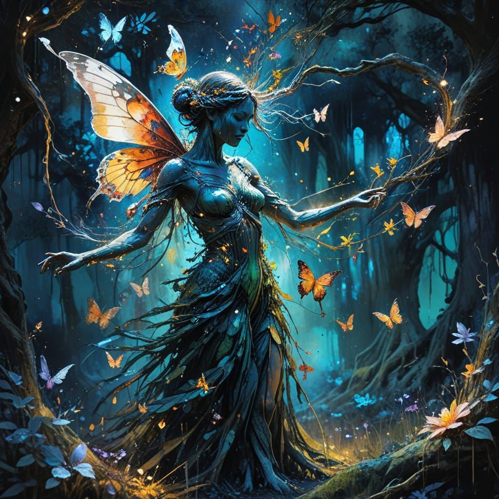 Ethereal Beings Dance Near Ancient Tree in Watercolor Style