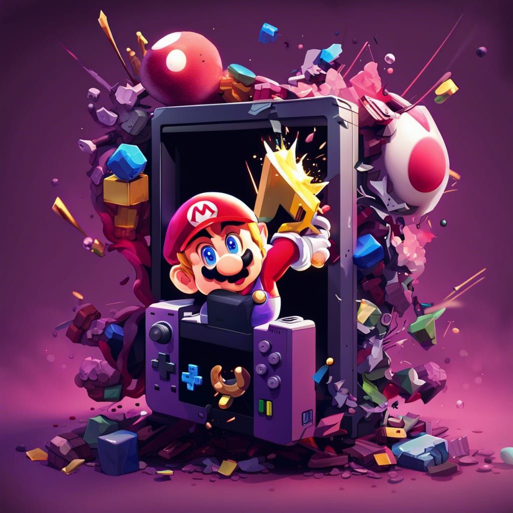 Exploded Nintendo Gamecube with Chibi Characters