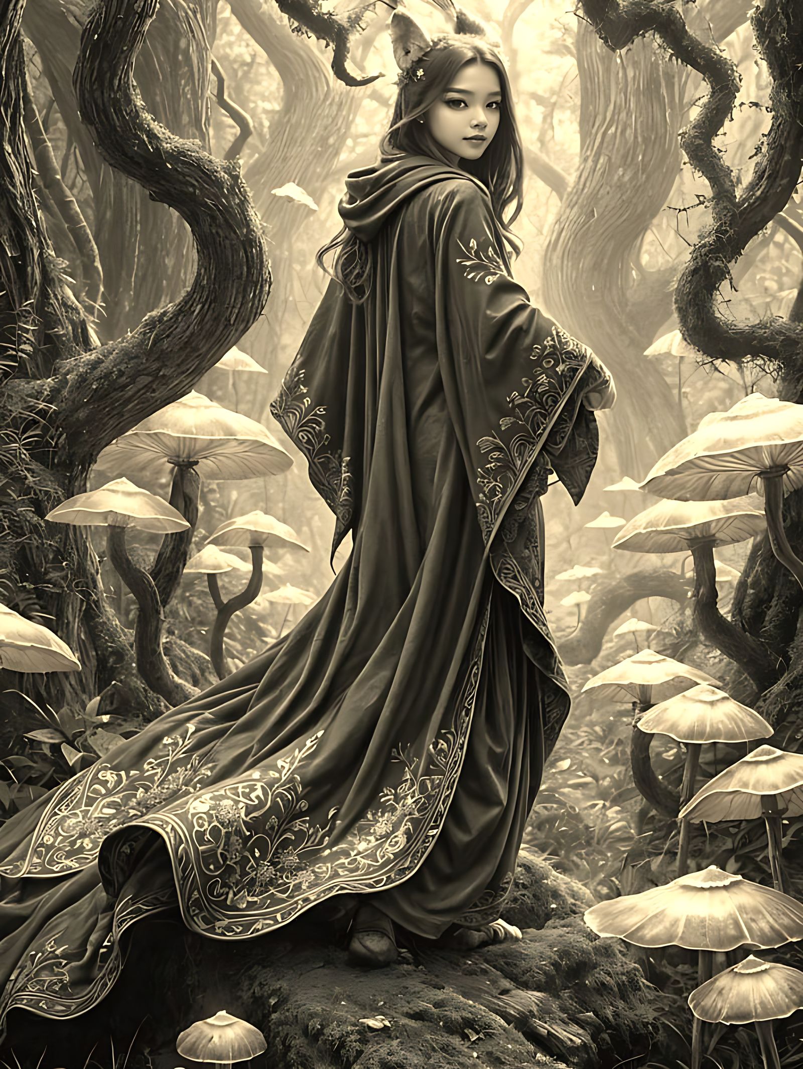Enigmatic Elf in Mystical Art Nouveau Forest