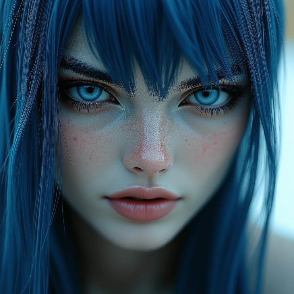 Winking Woman with Blue Hair, Dark Fantasy Illustration