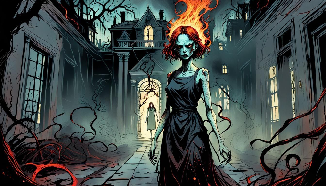 Eerie Horror Illustration of Spectral Girl in Mansion