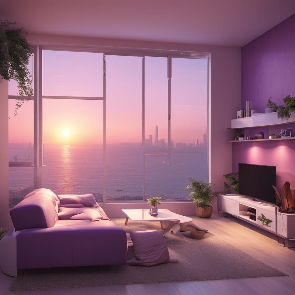 Modern Apartment Bedroom with Sunset Sea View in 3D