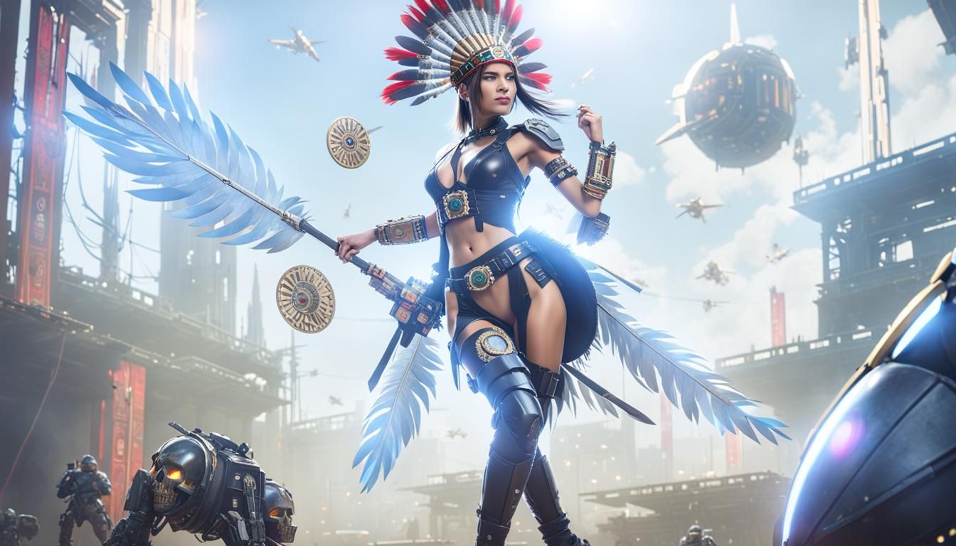 Aztec Goddess in Cyberpunk Armor, Hyperrealistic 3D Render