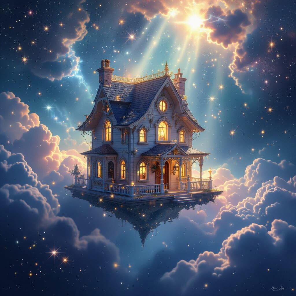 Magical Floating Dollhouse in Cosmic Space