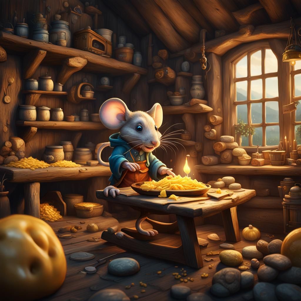 Mouse Family in Cheese Cottage, Fantasy Art