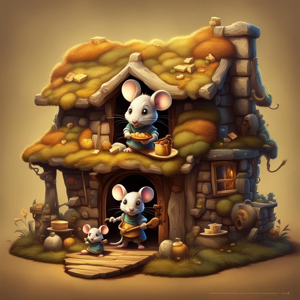 Mouse Family in Cheese Cottage: Fantasy Art