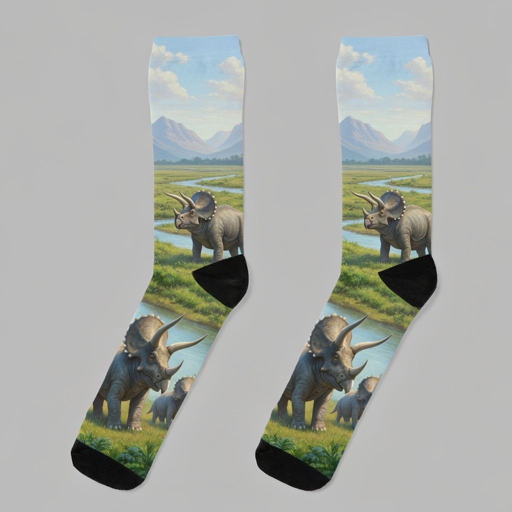 Triceratops Family Wander Through Prehistoric Floodplain