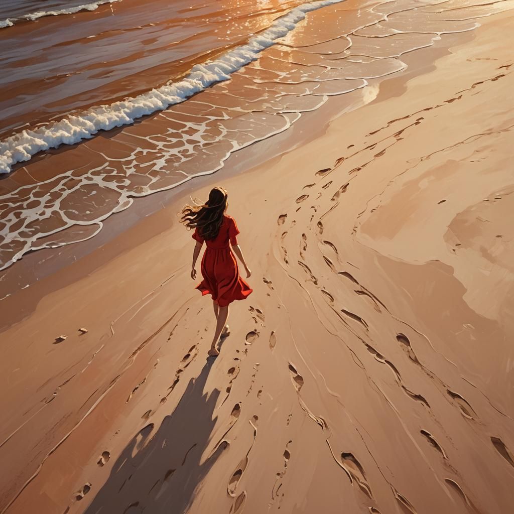 Girl in Red Dress Walks on Sunset Beach