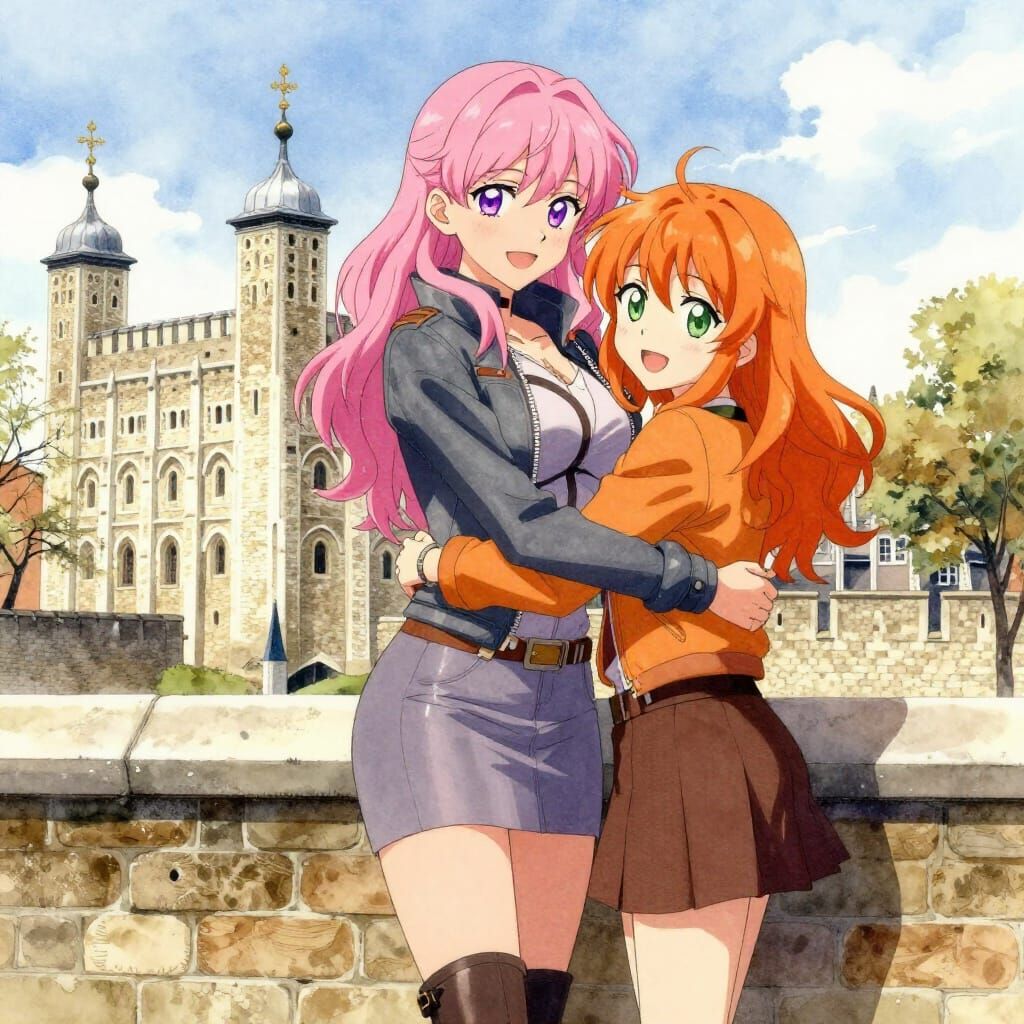 Anime Style Women Hugging in Front of Tower of London