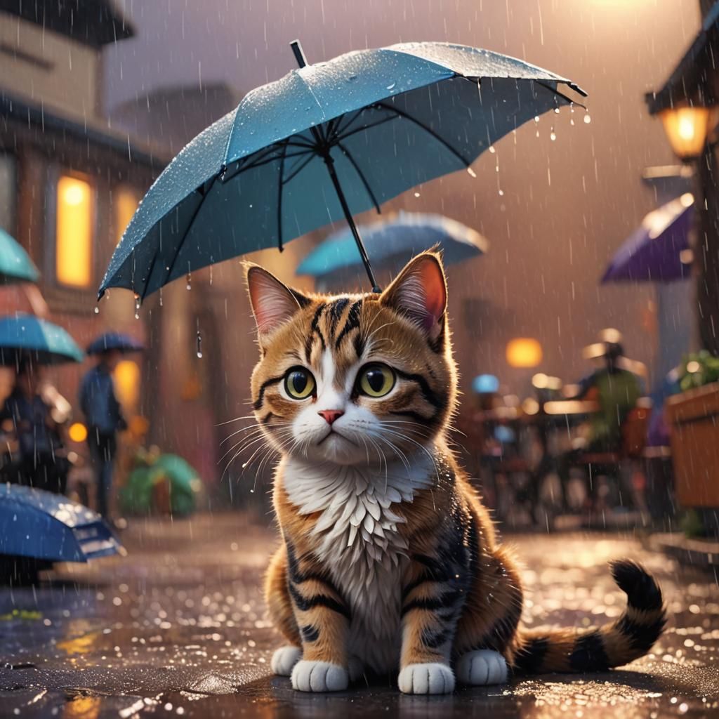 Cute Cat in Rainy City: Pixar-Style 3D Animation