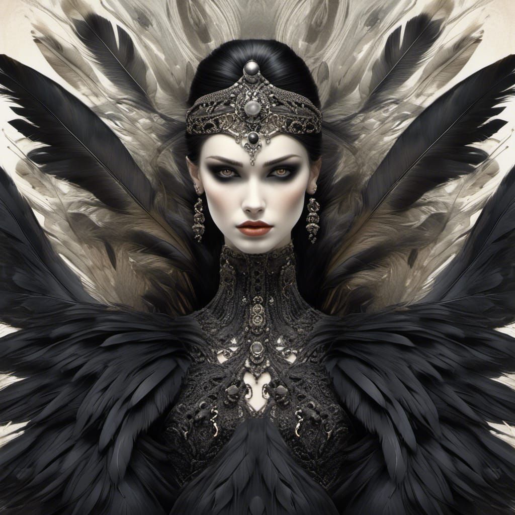 Black swan woman, pale skin, black feathers, longing look in...