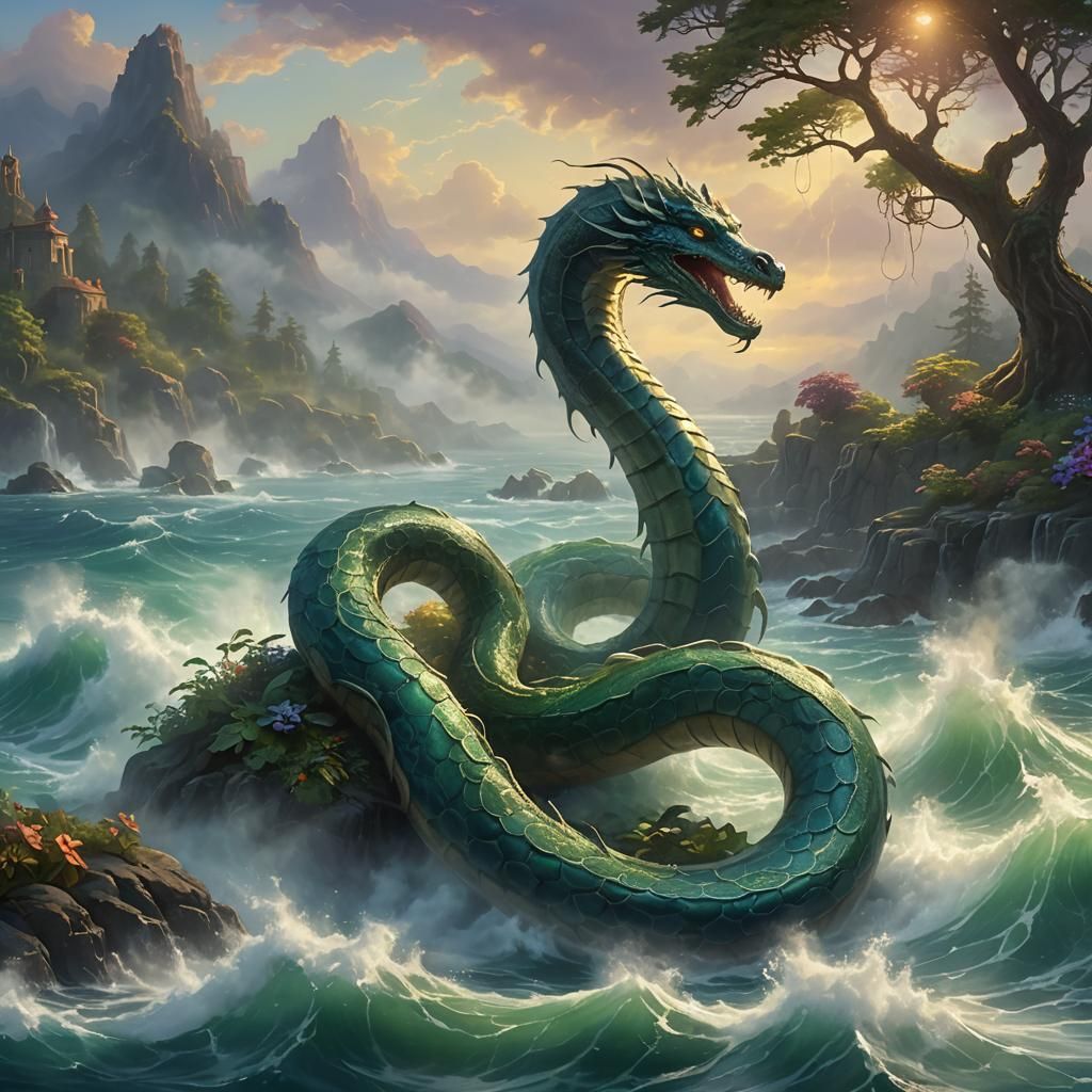 Ethereal Sea Serpent Emerges in Fantasy Art Style