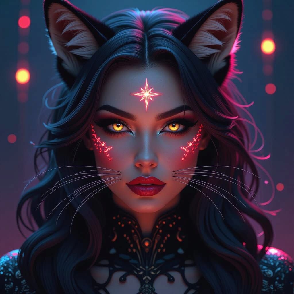 A cinematic shot of a femme fatale with fox-like animorph fe...