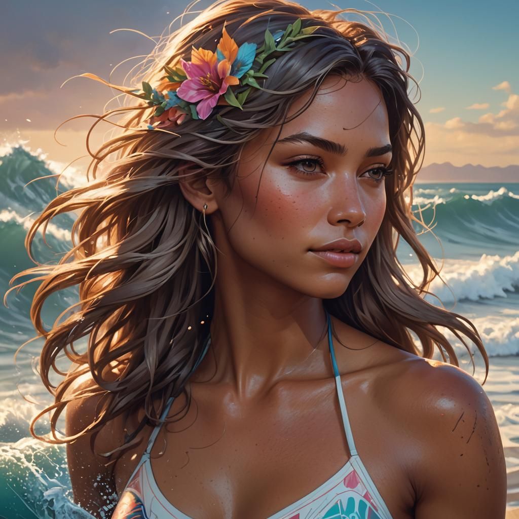 Surfer Girl Portrait in Hyperdetailed Digital Art