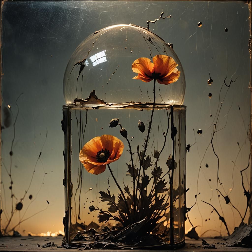 Poppy in Glass Case: Dark Surrealism