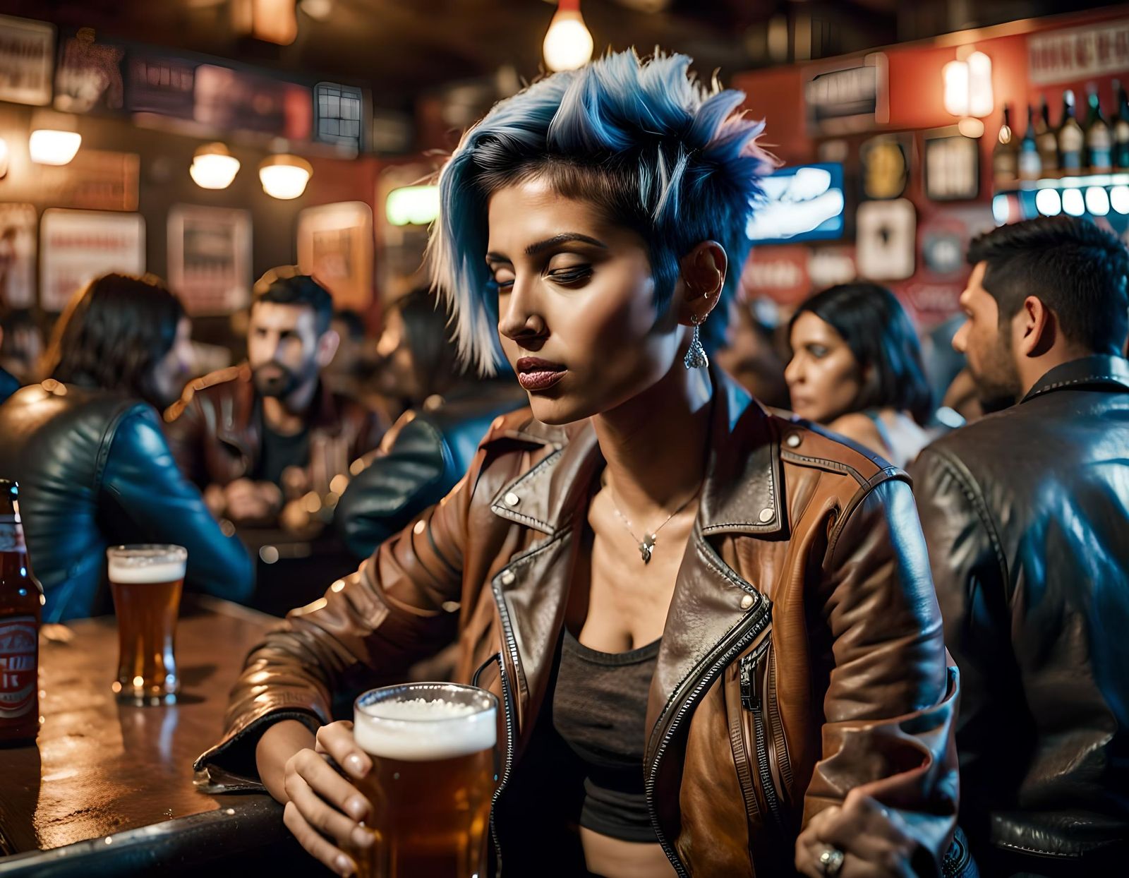 Indian Woman with Spiked Hair in Crowded Bar