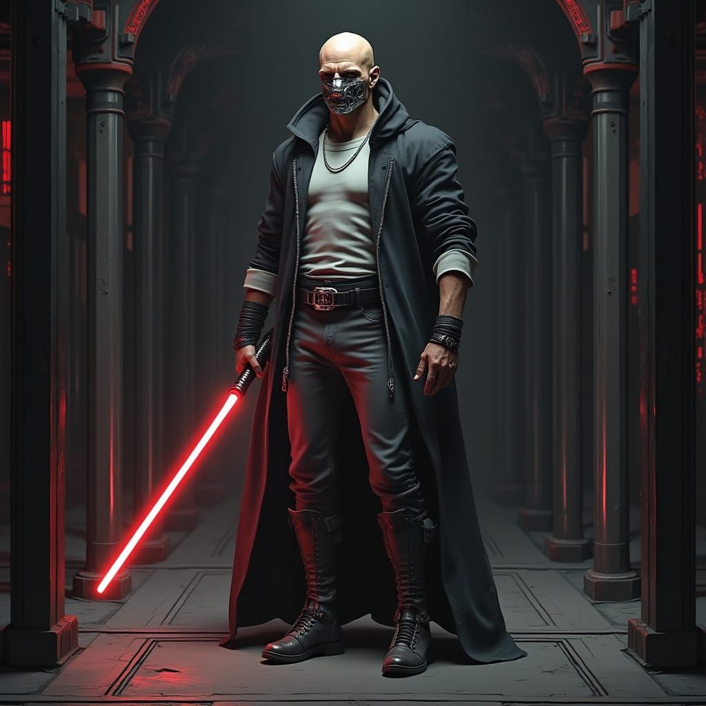 Cybernetic Humanoid in Dark Chamber with Lightsaber