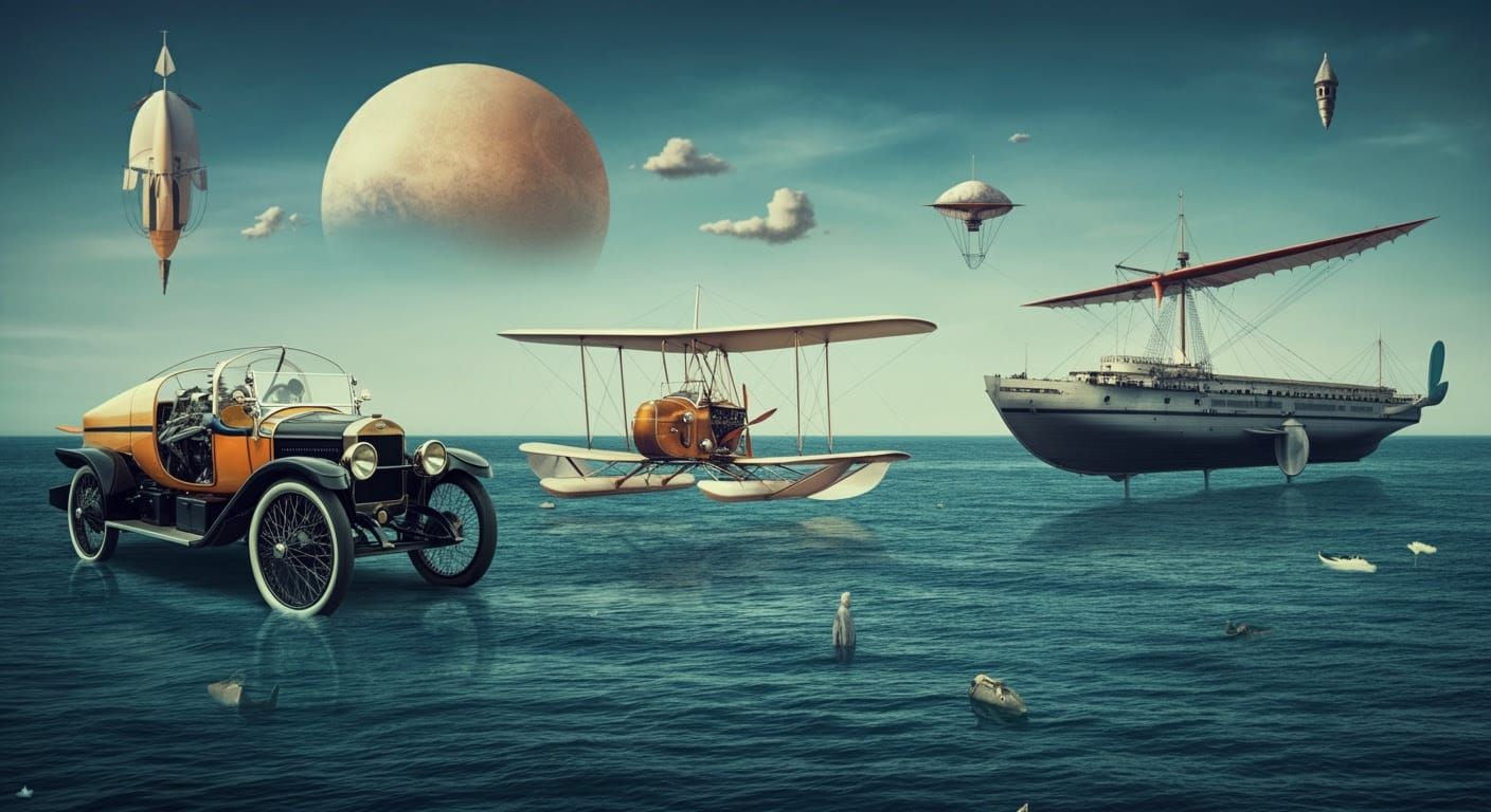 Surreal Oceanic Landscape with Retro-Futuristic Vehicles