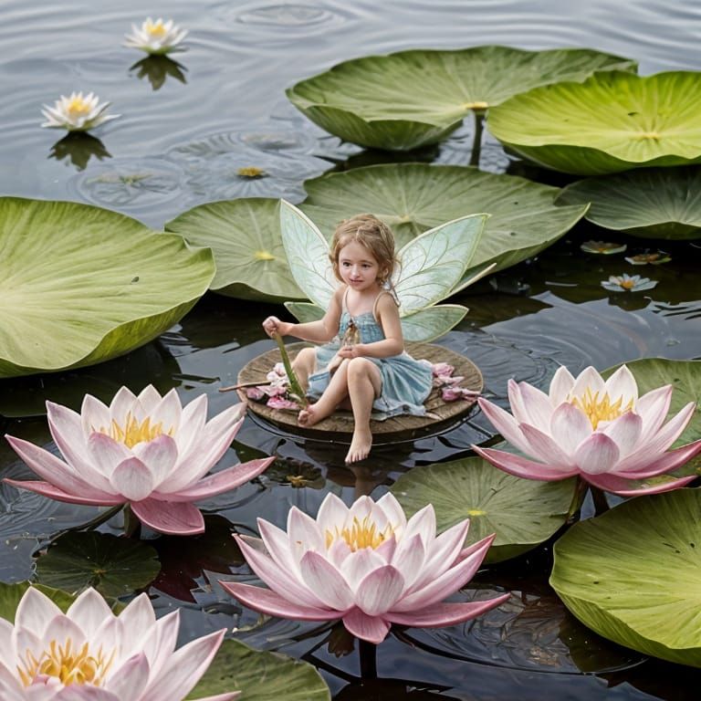 Fairy Sailing a Lotus Flower on Pond