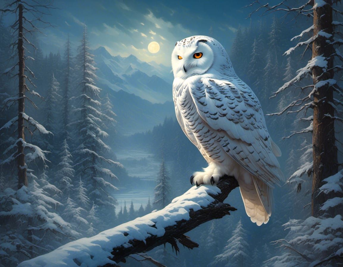 Snowy White Owl in Moonlit Forest