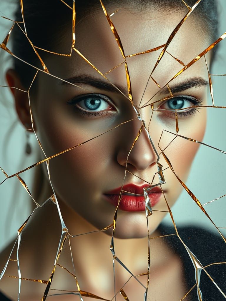 Serene Woman's Face in Shattered Glass