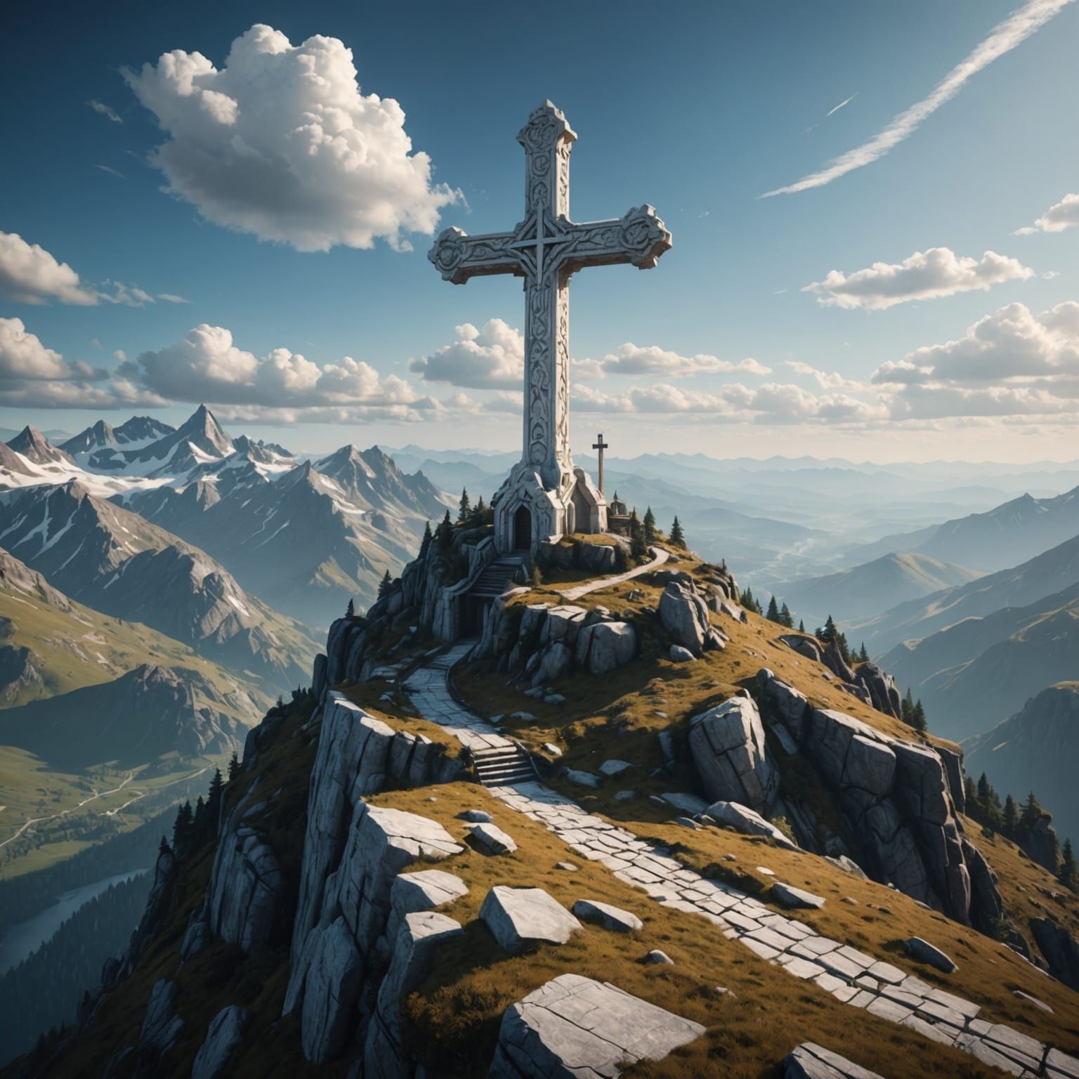 Mountain Top Cross in Detailed Matte Painting