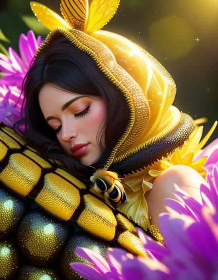 Sleepy Bee Woman in Hyper-Realistic Digital Art