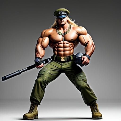 Muscular Bodybuilder in Military Gear with Pokémon Cap