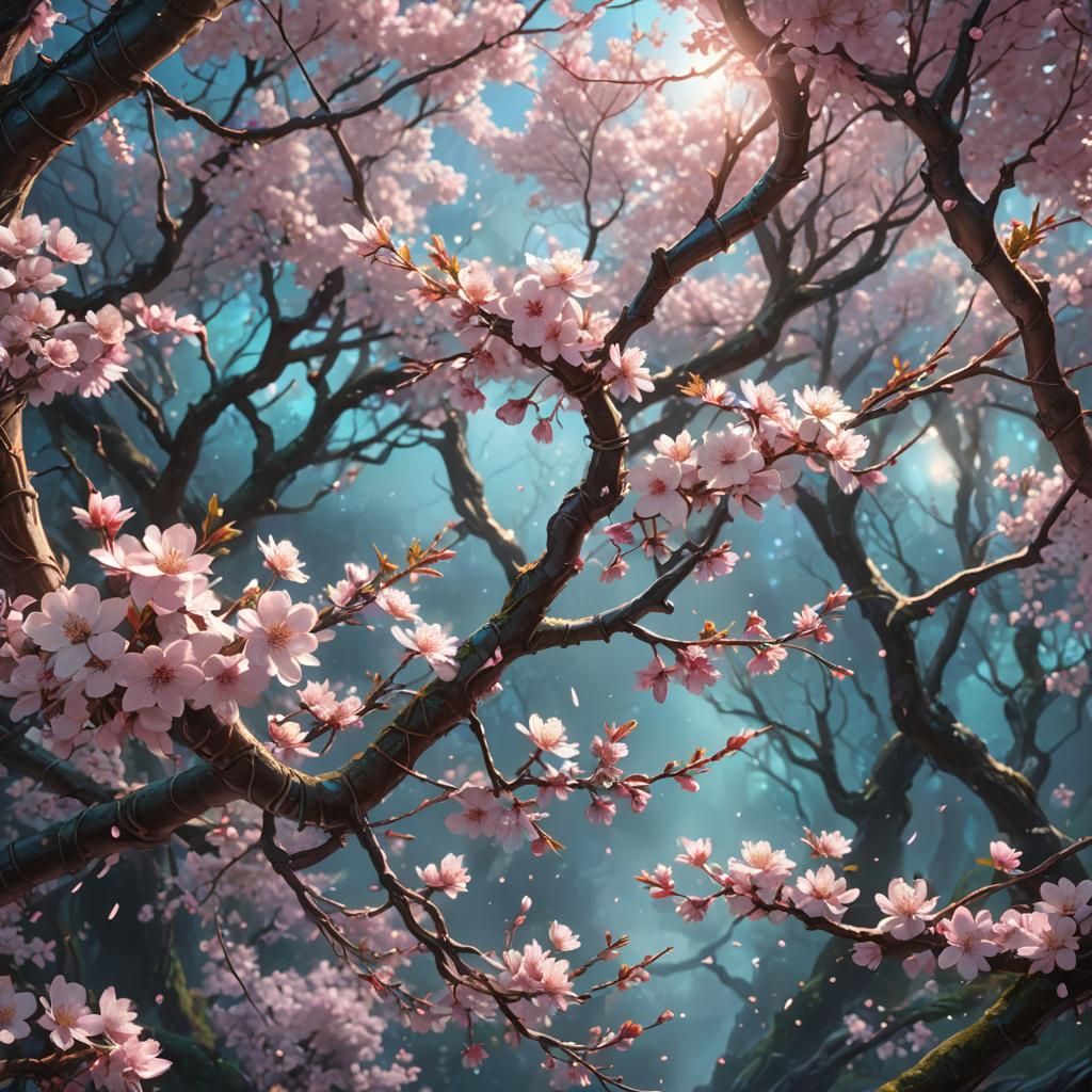 Ethereal Cherry Blossoms in Mystical Forest: Fantasy Concept...