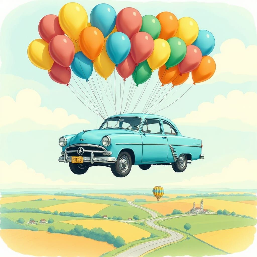 Vintage Ford Anglia Soaring with Balloons, Watercolor Style